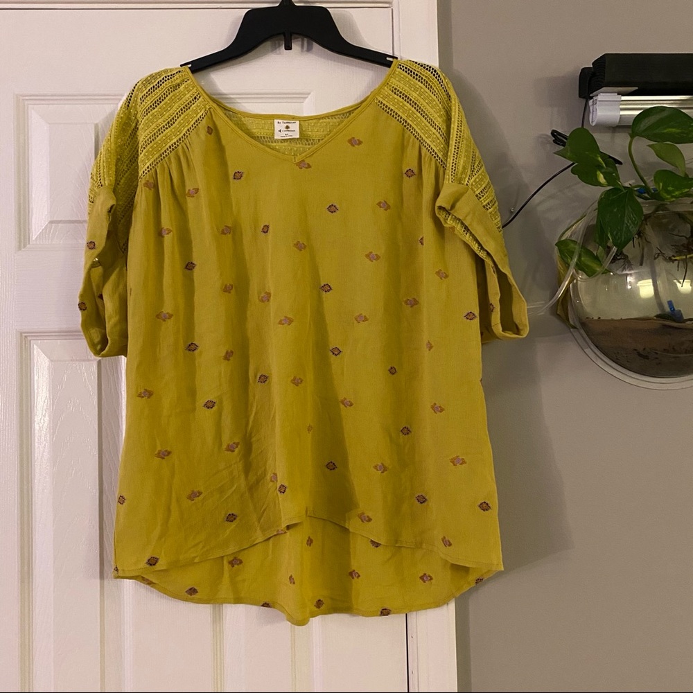 By Together Mustard Yellow Diamond Embroidered Top Oversized Tee Medium Boho